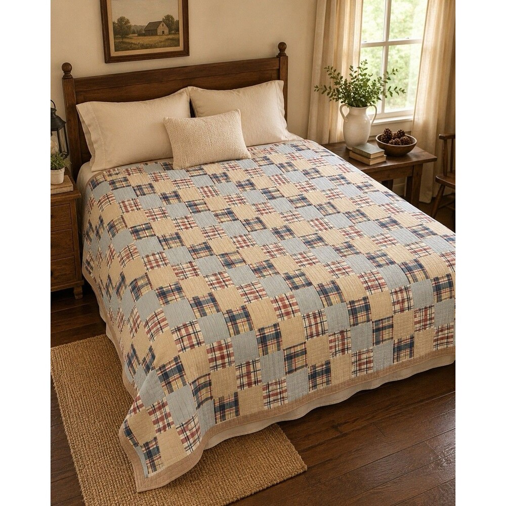 Americana Plaid Patchwork Full Queen Quilt Cotton Tartan Blue Red Beige 88x92